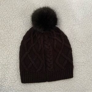 J. Crew Beanie Hat Womens One Size Black Knit 100% Acrylic Faux Fur Soft Pom Pom